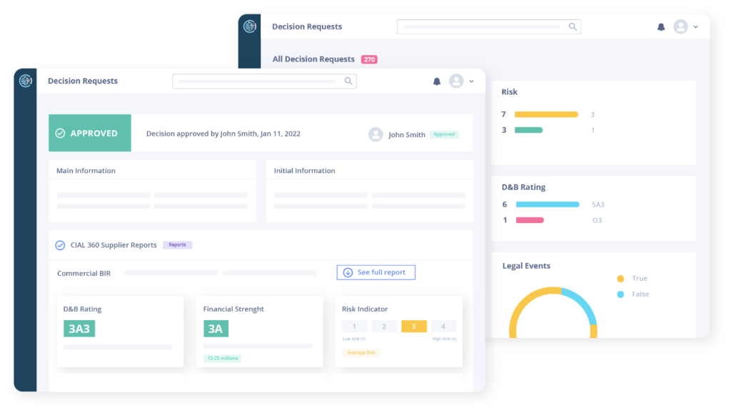 Screenshot of risk management solution, CIAL 360 Supplier’s, decision requests screen